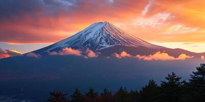 AI generated Mt. Fuji, mount Fuji-san tallest volcano mountain in Tokyo, Japan. Snow capped peak, conical sacred symbol, purple, orange sunset nature landscape backdrop background wallpaper, travel photo