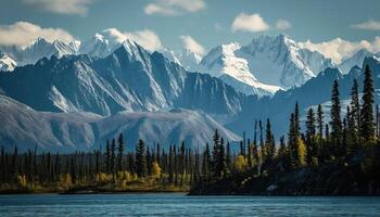 AI generated Snowy mountains of Alaska, landscape with forests, valleys, and rivers in daytime. Breathtaking nature composition background wallpaper, travel destination, adventure outdoors photo
