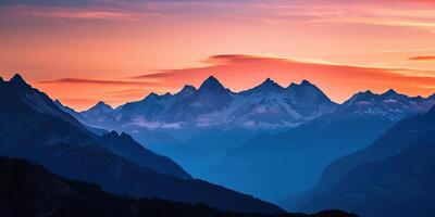 ai generado suizo Alpes Nevado montaña rango con valles y prados, Suiza paisaje. dorado hora atardecer, sereno idílico panorama, majestuoso naturaleza, relajación, calma concepto foto