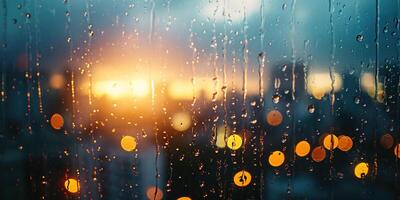 AI generated Rainy window with blurry city lights in the background at sunset. Bokeh out of focus blur, cold weather, melancholic mood, golden hour sunrays, longing concept backdrop photo