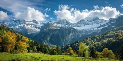 ai generado suizo Alpes montaña rango con lozano bosque valles y prados, campo en Suiza paisaje. sereno idílico panorama, majestuoso naturaleza, relajación, calma concepto foto