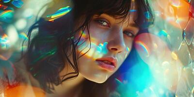 AI generated Young woman model in their 20s posing in a prism stained glass rainbow spectrum bright color lighting. Natural beauty, youth, face skin care, fashion and makeup concept background photo