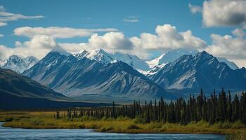 ai generado Nevado montañas de Alaska, paisaje con bosques, valles, y ríos en tiempo de día. asombroso naturaleza composición antecedentes fondo de pantalla, viaje destino, aventuras al aire libre foto