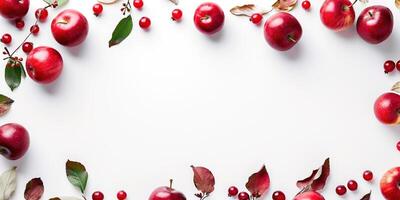 AI generated Red Redcurrants, apples and autumn leaves on a white background with copy space. Fall collage composition, design resource element photo