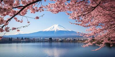 AI generated Mt. Fuji, mount Fuji san tallest volcano mountain in Tokyo, Japan. Snow capped peak, conical sacred symbol, spring season, sakura pink trees, nature landscape backdrop background photo