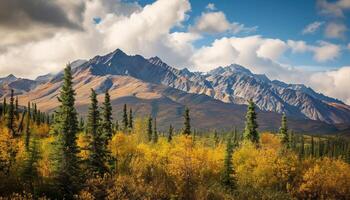 ai generado Nevado montañas de Alaska, paisaje con bosques, valles, y ríos en tiempo de día. sereno desierto naturaleza composición antecedentes fondo de pantalla, viaje destino, aventuras al aire libre foto