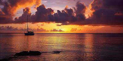 AI generated A black boat silhouette sailing in the sea seascape. Purple, pink, and orange fiery golden hour sunset evening sky in the horizon. Ocean, calm waters wallpaper background photo