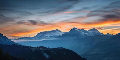 AI generated Swiss Alps snowy mountain range with valleys and meadows, Switzerland landscape. Golden hour sunset, serene idyllic panorama, majestic nature, relaxation, calmness concept photo