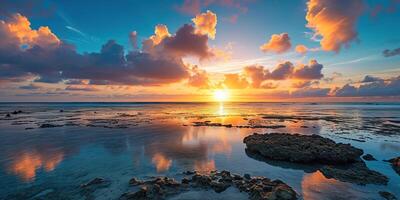 ai generado genial barrera arrecife en el costa de queensland, Australia rocoso playa marina. rocas y guijarros, púrpura y naranja dorado hora puesta de sol noche cielo horizonte mar fondo de pantalla antecedentes foto