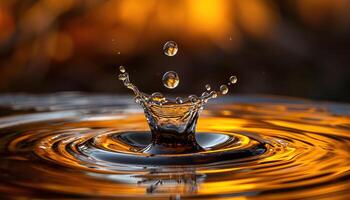 ai generado de cerca de un agua soltar chapoteo en en un estanque durante dorado hora puesta de sol. macro disparo, naranja y amarillo tonos, refrescante hermosa naturaleza, superficie tensión, ondas foto