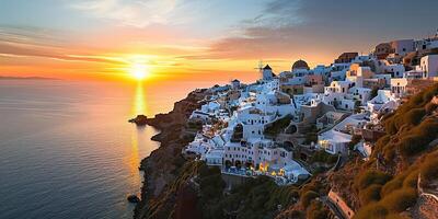 AI generated Santorini Thira island in southern Aegean Sea, Greece sunset. Fira and Oia town with white houses overlooking cliffs, beaches, and small islands panorama background wallpaper photo
