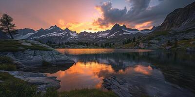 ai generado suizo Alpes Nevado montaña rango con valles y prados, campo en Suiza paisaje. dorado hora majestuoso ardiente puesta de sol cielo, viaje destino fondo de pantalla antecedentes foto