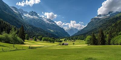 AI generated Swiss Alps mountain range with lush forest valleys and meadows, countryside in Switzerland landscape. Snowy mountain tops in the horizon, travel destination wallpaper background photo