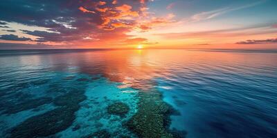 AI generated Great Barrier Reef on the coast of Queensland, Australia seascape. Coral sea marine ecosystem wallpaper background at sunset, with an orange purple sky in the evening golden hour photo