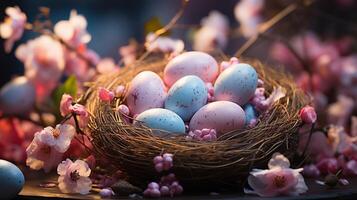 ai generado Pascua de Resurrección huevos en el nido calentar colores foto