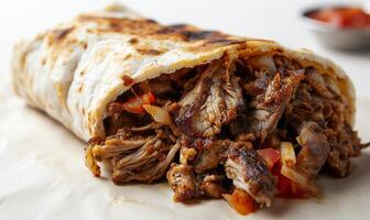 ai generado shawarma aislado en pimienta antecedentes. giroscopio Fresco rollo, lechuga ensalada, tocino, tomate, salsas, queso y vegetales. foto