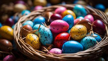 ai generado Pascua de Resurrección huevos en cesta foto