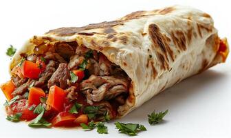 ai generado shawarma aislado en blanco antecedentes. giroscopio Fresco rollo, lechuga ensalada, tocino, tomate, salsas, queso y vegetales. foto