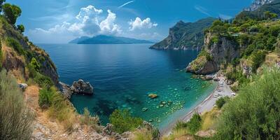 ai generado amalfi costa línea costera en sorento península, campania región, Italia. fiesta destino orilla con sierras, playas, y acantilados, mar vista, azul cielo día fondo de pantalla antecedentes foto