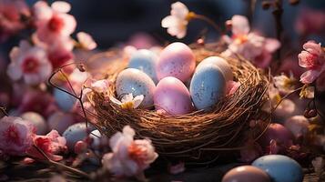 ai generado Pascua de Resurrección huevos en el nido calentar colores foto