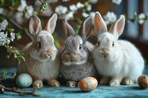 ai generado Tres linda mullido conejitos sentado entre Pascua de Resurrección huevos y primavera flores saludo tarjeta estilo foto