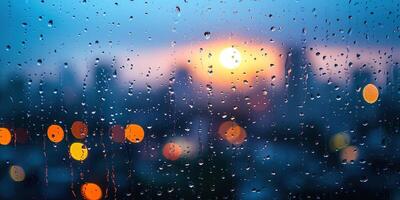 AI generated Rainy window with blurry city lights in the background at sunset. Bokeh out of focus blur, cold weather, melancholic mood, golden hour sunrays, longing concept backdrop photo