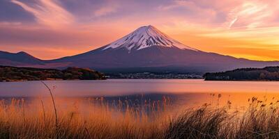 ai generado monte. fuji, montar fuji-san más alto volcán montaña en tokio, Japón. nieve tapado cima, cónico sagrado símbolo, púrpura, naranja puesta de sol naturaleza paisaje fondo antecedentes fondo de pantalla, viaje foto