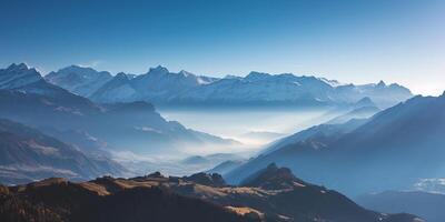 ai generado suizo Alpes montaña rango con lozano bosque valles y prados, campo en Suiza paisaje. sereno idílico panorama, majestuoso naturaleza, relajación, calma concepto foto