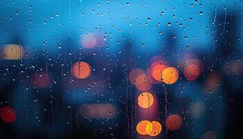 AI generated Rainy window with blurry city lights in the background. Bokeh out of focus blur, gloomy weather, melancholic mood, sadness, longing, depression concept backdrop photo