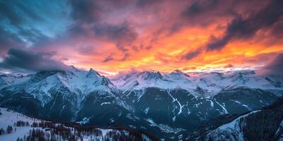 AI generated Swiss Alps snowy mountain range with valleys and meadows, Switzerland landscape. Golden hour sunset, serene idyllic panorama, majestic nature, relaxation, calmness concept photo