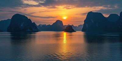 ai generado decir ah largo bahía, halong bahía mundo patrimonio sitio, caliza islas, Esmeralda aguas con barcos en provincia, Vietnam. atardecer, viaje destino, natural preguntarse paisaje antecedentes fondo de pantalla foto