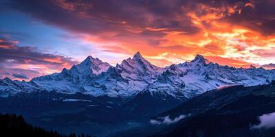 ai generado suizo Alpes Nevado montaña rango con valles y prados, campo en Suiza paisaje. dorado hora majestuoso ardiente puesta de sol cielo, viaje destino fondo de pantalla antecedentes foto