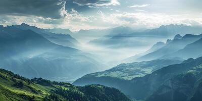 AI generated Swiss Alps mountain range with lush forest valleys and meadows, countryside in Switzerland landscape. Serene idyllic panorama, majestic nature, relaxation, calmness concept photo