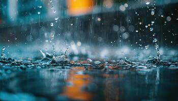 AI generated Closeup of rain drops splashing in in a puddle. Rainy season Autumn in a city macro shot, melancholic, sad mood photo