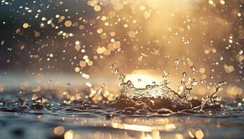 ai generado de cerca de lluvia gotas salpicaduras en en un charco. lluvioso temporada otoño en un ciudad macro disparo, dorado hora puesta de sol Encendiendo, edificante, vigorizante estado animico foto