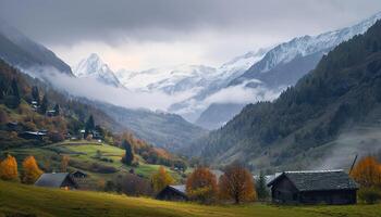 AI generated Swiss Alps mountain range with lush forest valleys and meadows, countryside in Switzerland landscape. Snowy mountain tops in the horizon, travel destination wallpaper background photo