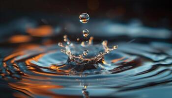 ai generado de cerca de un agua soltar chapoteo en en un estanque durante dorado hora puesta de sol. macro disparo, naranja y amarillo tonos, refrescante hermosa naturaleza, superficie tensión, ondas foto