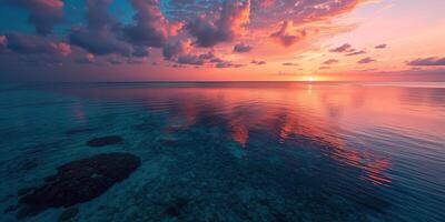 ai generado genial barrera arrecife en el costa de queensland, Australia marina. coral mar marina ecosistema fondo de pantalla antecedentes a atardecer, con un naranja púrpura cielo en el noche dorado hora foto