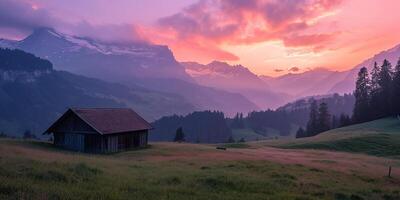 AI generated Swiss Alps snowy mountain range with valleys and meadows, countryside in Switzerland landscape. Golden hour majestic fiery sunset sky, travel destination wallpaper background photo