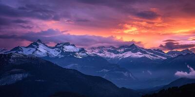 AI generated Swiss Alps snowy mountain range with valleys and meadows, countryside in Switzerland landscape. Golden hour majestic fiery sunset sky, travel destination wallpaper background photo