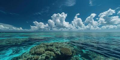 ai generado genial barrera arrecife en el costa de queensland, Australia marina. coral mar marina ecosistema fondo de pantalla con azul nublado cielo en el luz foto