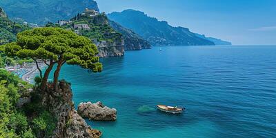 ai generado amalfi costa línea costera en sorento península, campania región, Italia. fiesta destino orilla con sierras, playas, y acantilados, mar vista, azul cielo día fondo de pantalla antecedentes foto