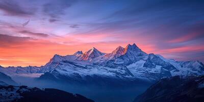 AI generated Swiss Alps snowy mountain range with valleys and meadows, countryside in Switzerland landscape. Golden hour majestic fiery sunset sky, travel destination wallpaper background photo