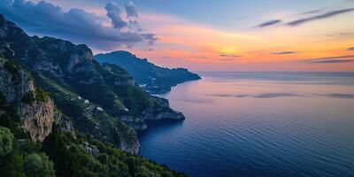 AI generated Amalfi coast coastline in Sorrentine Peninsula, Campania region, Italy. Holiday destination shoreline with hills, beaches, and cliffs, sea view, sunset golden hour wallpaper photo