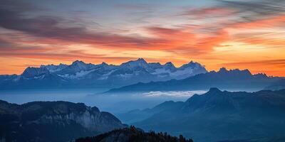 AI generated Swiss Alps snowy mountain range with valleys and meadows, Switzerland landscape. Golden hour sunset, serene idyllic panorama, majestic nature, relaxation, calmness concept photo