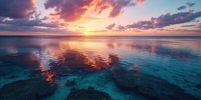 AI generated Great Barrier Reef on the coast of Queensland, Australia seascape. Coral sea marine ecosystem wallpaper background at sunset, with an orange purple sky in the evening golden hour photo