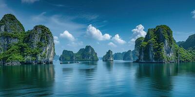 ai generado decir ah largo bahía, halong bahía mundo patrimonio sitio, caliza islas, Esmeralda aguas con barcos en provincia, Vietnam. viaje destino, natural preguntarse paisaje antecedentes fondo de pantalla foto