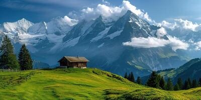 ai generado suizo Alpes montaña rango con lozano bosque valles y prados, campo en Suiza paisaje. Nevado montaña tapas en el horizonte, viaje destino fondo de pantalla antecedentes foto