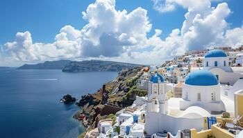 ai generado santorini thira isla en del Sur Egeo mar, Grecia tiempo de día. fira y oia pueblo con blanco casas con vista a acantilados, playas, y pequeño islas panorama antecedentes fondo de pantalla foto