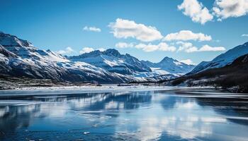 AI generated Snowy mountains of Alaska, landscape with forests, valleys, and rivers in daytime. Serene wilderness nature composition background wallpaper, travel destination, adventure outdoors photo